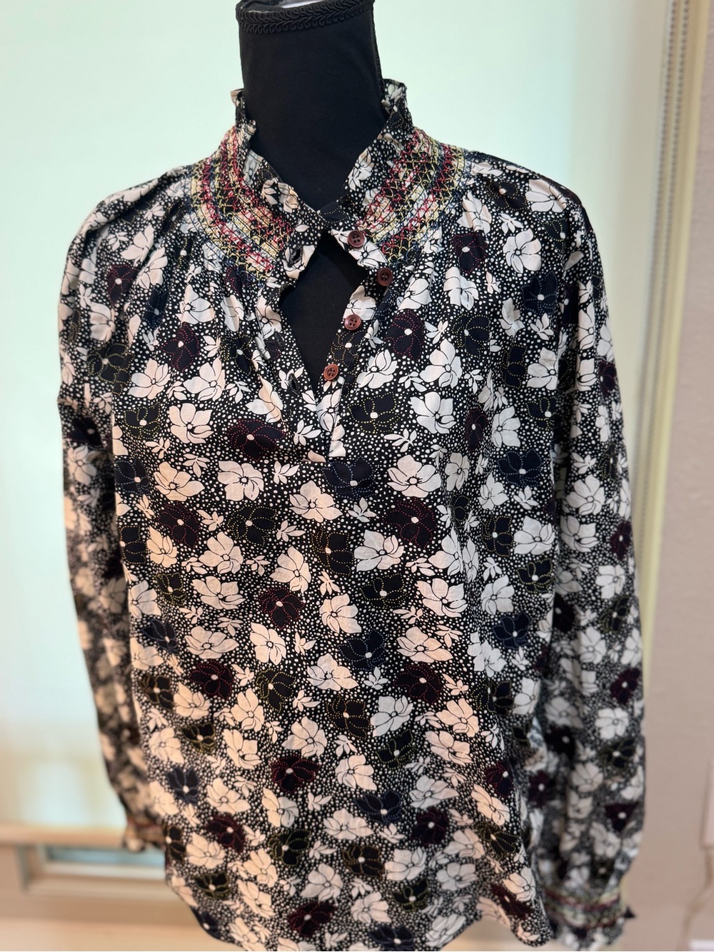 Warm Black and White Floral Button-Down Shirt with Multicolor Trim